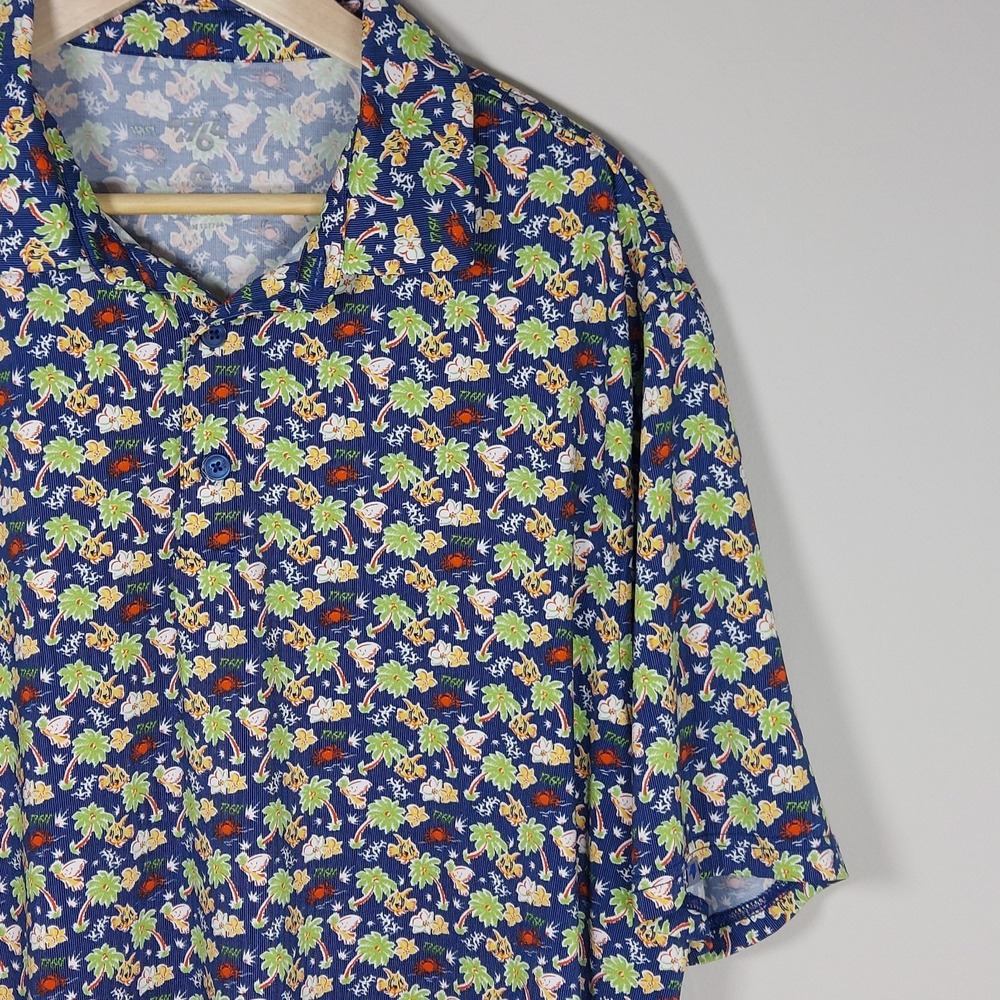 1764 Golf Shirt Men X-Large Blue Performance Stretch Crab Fish Palm Tree Polo